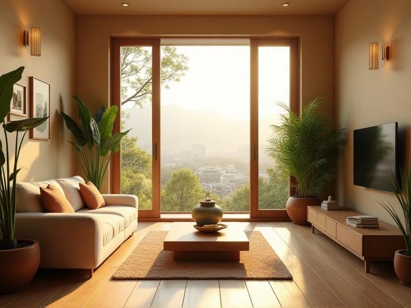 A serene living room with soft natural light, featuring a minimalist design with wooden furniture, a small indoor fountain, and lush green plants. The room is arranged to allow smooth energy flow, with open spaces and balanced elements, creating a harmonious and calming atmosphere.