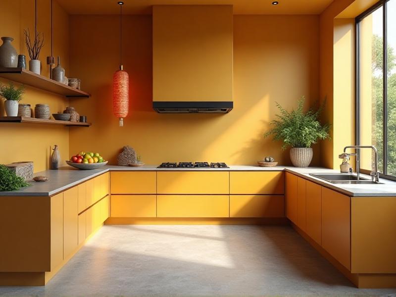 A modern kitchen designed with Feng Shui principles, featuring a clean and organized layout with ample counter space, a stove placed in a commanding position, and a bowl of fresh fruit on the counter. The kitchen is well-lit with natural light, and the color scheme includes warm tones like yellow and orange, symbolizing nourishment and abundance.