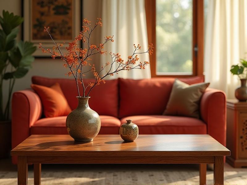 A cozy living room with a balanced mix of the five Feng Shui elements. A wooden coffee table sits in the center, surrounded by a plush red sofa representing fire, a ceramic vase with earth tones, a metal sculpture on the side table, and a small tabletop fountain symbolizing water. The room is bathed in warm, natural light, creating a harmonious and inviting atmosphere.