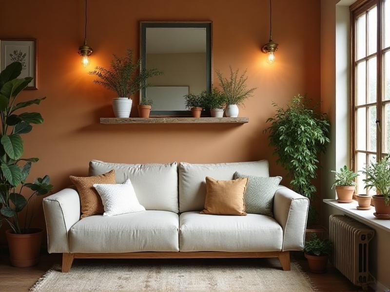 A budget-friendly living room designed with Feng Shui principles, featuring a mix of thrifted and DIY decor, such as a handmade wooden shelf, a secondhand mirror, and potted plants. The color palette is neutral with pops of green, creating a cohesive and inviting space. The overall mood is warm and welcoming, with a focus on affordability and creativity.