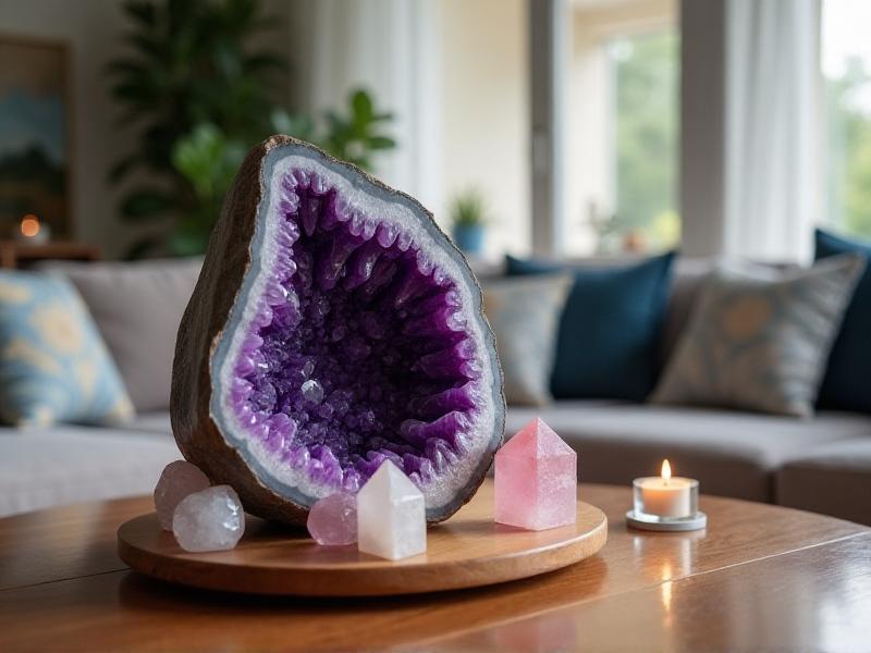 A serene living room with a large amethyst geode on a wooden table, surrounded by smaller crystals like rose quartz and clear quartz. The room is bathed in soft natural light, creating a calming and harmonious atmosphere. The image conveys the idea of using crystals to enhance the energy flow in a space.