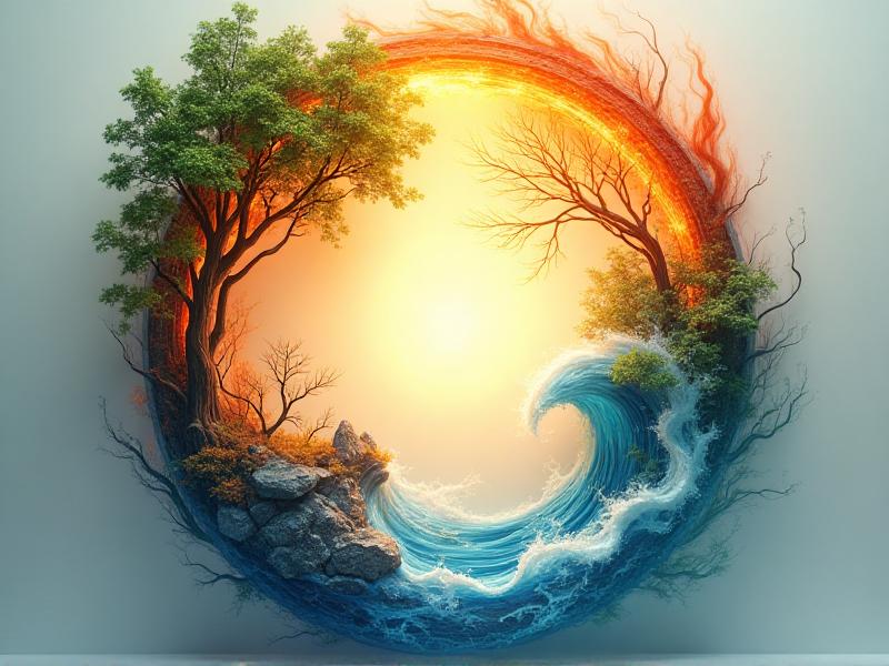 A vibrant illustration of the five Feng Shui elements: Wood, Fire, Earth, Metal, and Water. Each element is represented by a corresponding color and symbol, arranged in a harmonious circle to depict balance and interconnectedness.