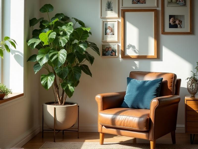 A peaceful Family area in a home, featuring a large potted plant in the corner, surrounded by wooden furniture. A collection of family photos in simple frames is displayed on a shelf, and a soft blue throw pillow adds a touch of color. The natural light streaming through the window creates a warm and nurturing environment.