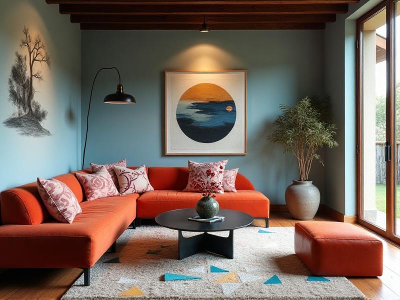 A modern living room with a harmonious blend of Yin and Yang colors: soft blue walls (Yin) paired with vibrant red and orange accents (Yang). The space feels balanced, with a mix of calming and energizing elements.