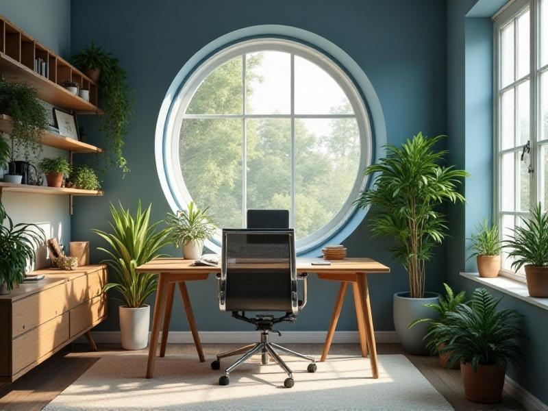 A well-organized home office with a wooden desk positioned in a commanding position, facing the door but not directly in line with it. A comfortable chair supports good posture, and a large window lets in natural light. A few potted plants sit on the desk and shelves, adding a touch of nature, while a blue accent wall promotes focus and creativity, creating an inspiring and productive workspace.