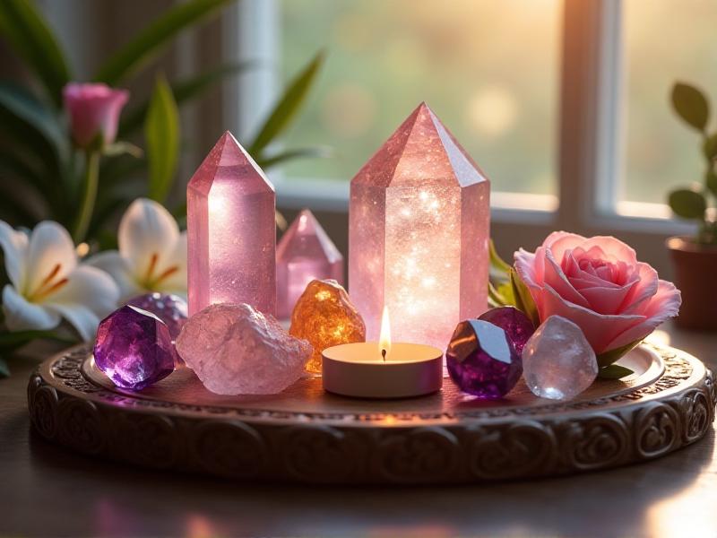 A collection of beautifully arranged crystals on a wooden tray, including rose quartz, amethyst, and citrine. The crystals are placed in a sunny spot near a window, allowing them to absorb natural light and positive energy. The tray is surrounded by fresh flowers and a small candle, creating a serene and inviting atmosphere.