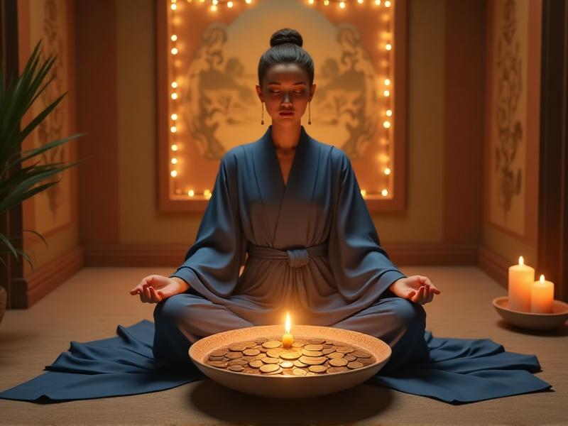 A person meditating in front of a Wealth Corner, with hands gently placed on a bowl of water filled with coins. The room is softly lit, with a golden glow emanating from a nearby candle. The atmosphere is peaceful and focused, symbolizing the practice of maintaining positive energy through intention and mindfulness.