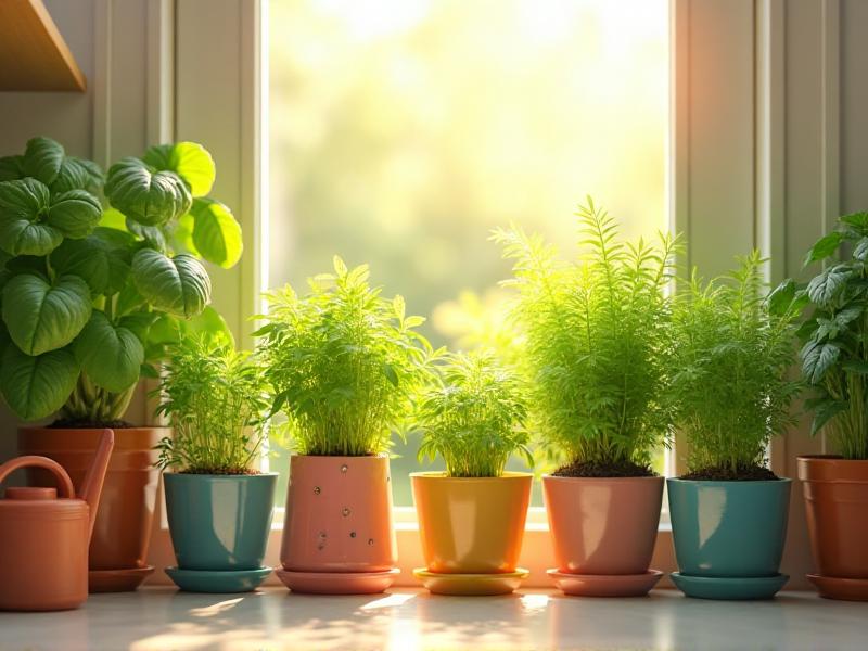 A sunny kitchen windowsill filled with potted herbs, including basil, mint, and parsley. The herbs are arranged in colorful ceramic pots, with a small watering can nearby. The scene is bright and cheerful, evoking a sense of freshness and vitality.