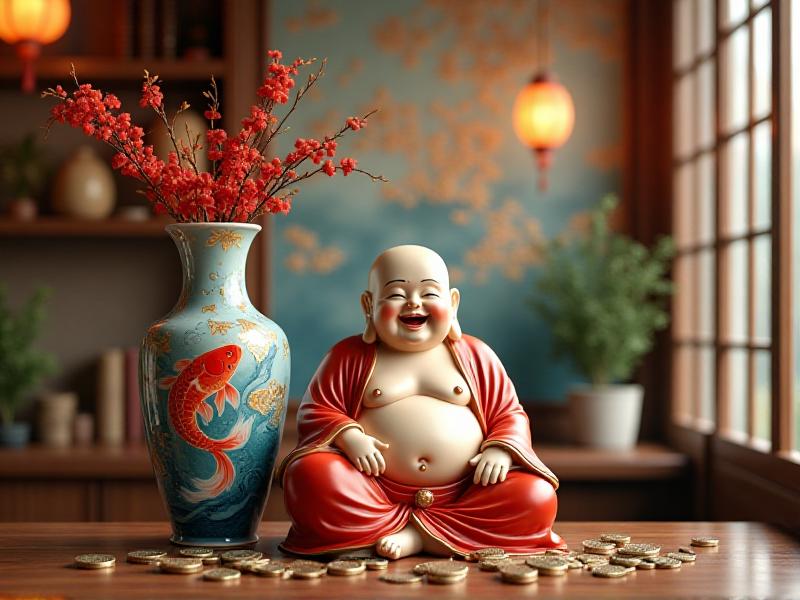 A wealth corner adorned with a laughing Buddha statue, a wealth vase filled with coins, and a painting of koi fish, all arranged to attract and enhance financial prosperity according to Feng Shui principles.