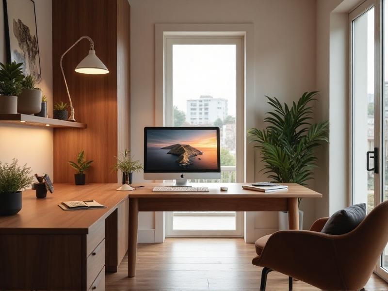 A modern home office with a wooden desk positioned diagonally to the door, a comfortable chair, and a computer setup with a view of the room's entrance.