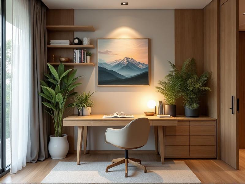 A modern home office designed with Feng Shui principles, featuring a desk positioned to face the door, a comfortable chair, and a well-organized workspace. The room is decorated with inspiring artwork and plants, creating a productive and creative atmosphere.