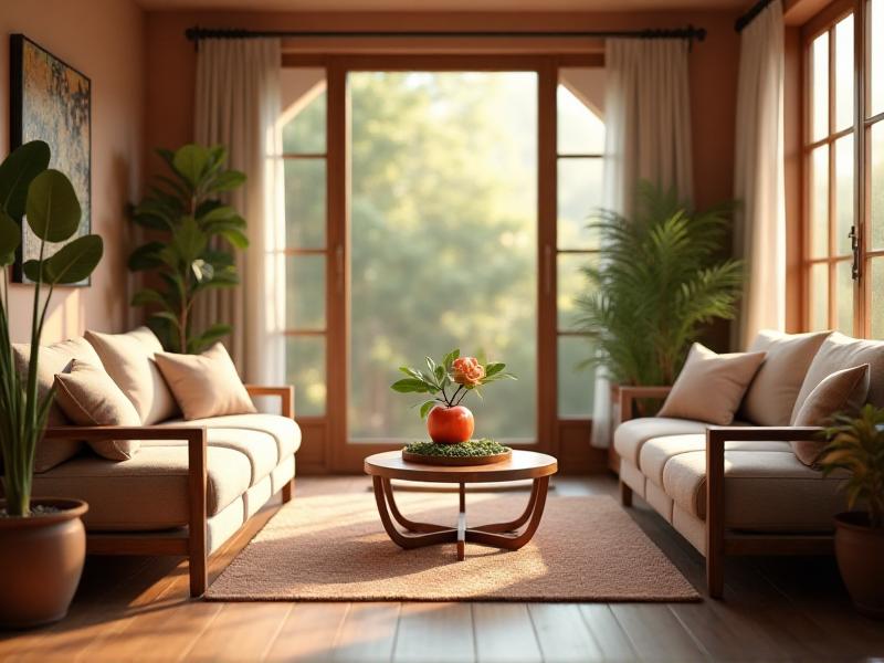 A comfortable and safe living room with handrails, non-slip rugs, and ergonomic furniture. A longevity peach and a small rock garden add symbols of health and vitality. The overall atmosphere is calm and supportive, with a focus on aging gracefully and maintaining well-being.