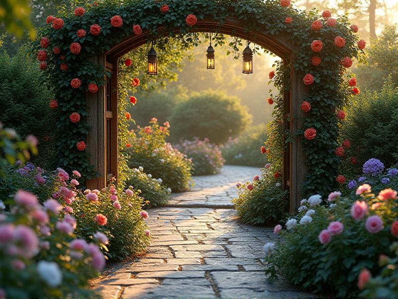 A charming garden entrance with a curved stone pathway lined with colorful flowers and small lanterns. A wooden archway covered in climbing roses frames the entrance, and a small water feature bubbles gently nearby, creating a welcoming and serene atmosphere.