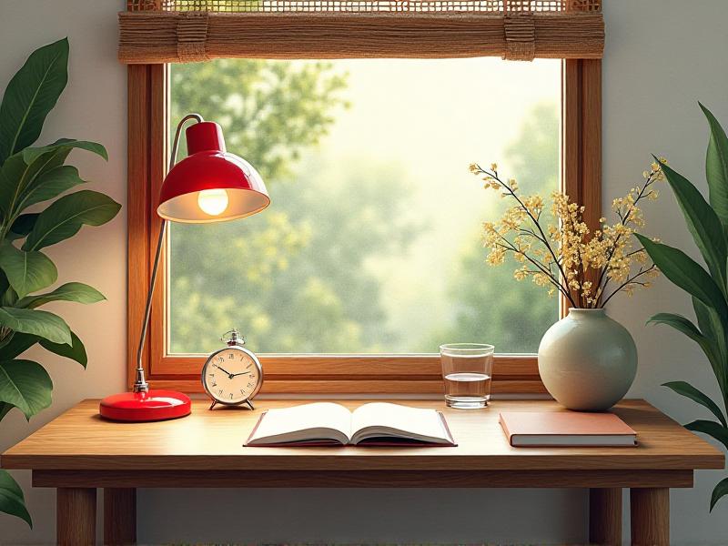 A beautifully arranged study space showcasing the five Feng Shui elements: a wooden desk (Wood), a red lamp (Fire), a ceramic vase (Earth), a metal clock (Metal), and a glass of water (Water). The room is well-lit with natural light, creating a balanced and harmonious atmosphere.