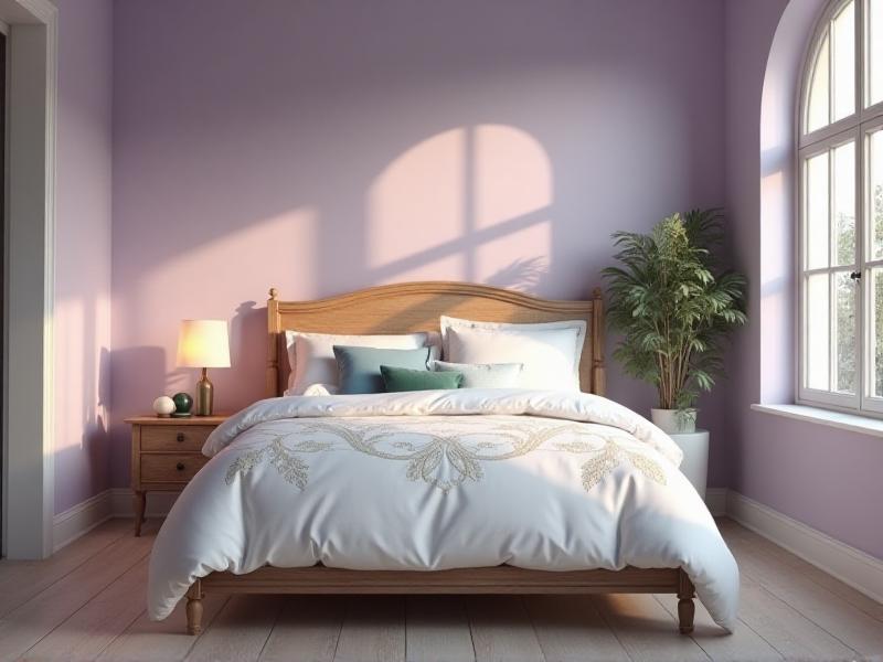 A serene bedroom with soft lavender walls, white bedding, and a few accent pillows in shades of blue and green. The room features a wooden bed frame, a small nightstand with a lamp, and a large window that lets in natural light, creating a calming and balanced atmosphere.