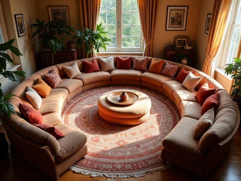 A cozy living room with a circular arrangement of plush sofas and chairs, soft textured rugs, and a variety of colorful cushions and throws, designed to promote a balanced flow of energy and encourage social interaction.