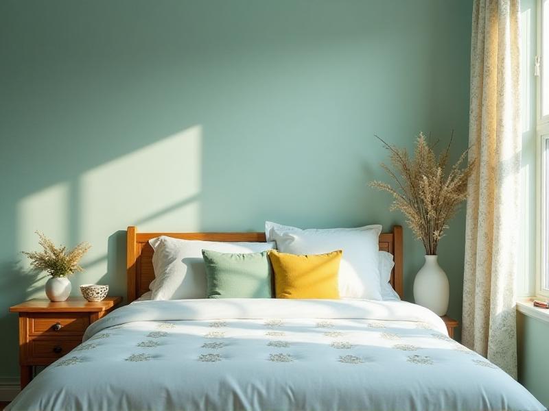 A serene bedroom with a harmonious color scheme. The walls are painted in a soft, calming blue, complemented by white bedding and wooden furniture. A few accent pillows in shades of green and yellow add a touch of warmth and vibrancy to the space. The room is illuminated by soft, diffused light, creating a peaceful and restful atmosphere.