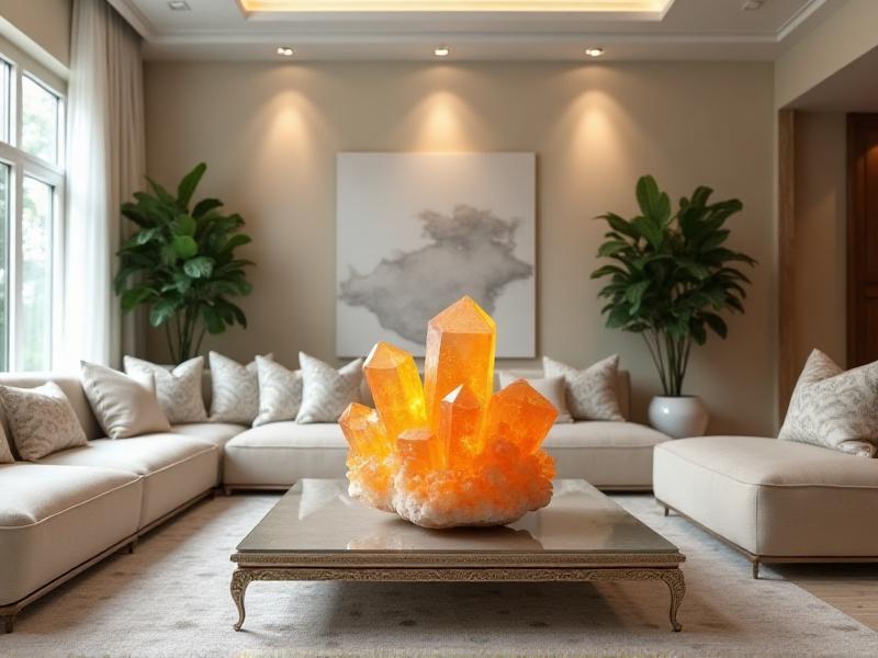 A modern living room with a large citrine cluster placed on a side table near a window. The room is decorated with plants and soft furnishings, creating a warm and inviting atmosphere. The image illustrates the strategic placement of crystals to enhance specific areas of life according to Feng Shui principles.