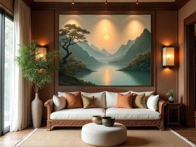 A serene living room designed with Feng Shui principles, featuring a harmonious arrangement of furniture, soft natural lighting, and a balanced mix of earthy tones and greenery. The room exudes calmness and order, with a flowing energy that invites relaxation and positivity.