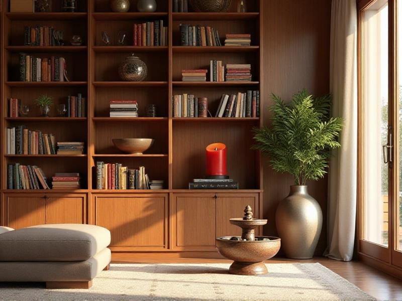 A beautifully arranged room showcasing the five Feng Shui elements: a wooden bookshelf, a red candle representing fire, a ceramic vase symbolizing earth, a metallic sculpture, and a small tabletop fountain for water. The room is bathed in warm, natural light, creating a balanced and inviting atmosphere.