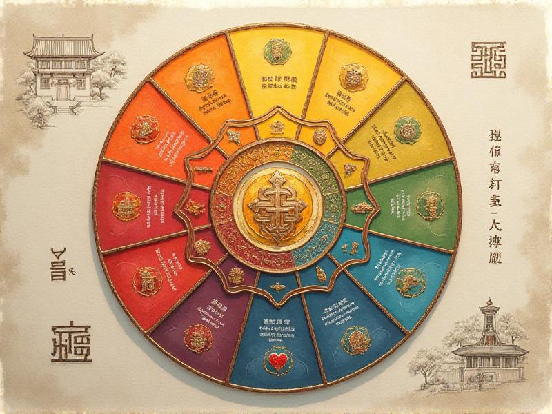 A detailed Bagua Map overlaid on a floor plan of a home, with each of the nine areas clearly labeled. The map is color-coded and includes symbols representing different life aspects, such as a dollar sign for wealth and a heart for relationships. The image is set against a neutral background, emphasizing clarity and focus.