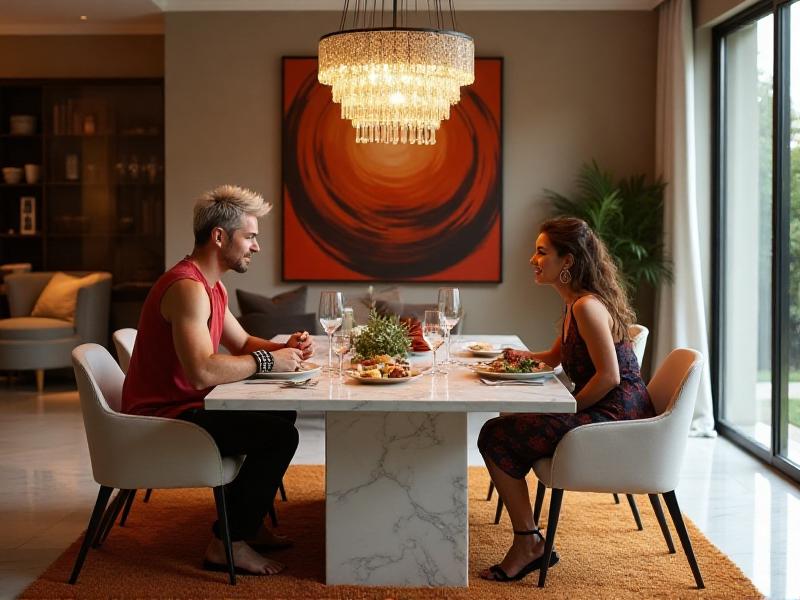 A dining table centered in a well-lit room, with a clear view of the entrance. The table is positioned on a soft, textured rug that defines the dining area within an open-plan living space. A modern chandelier hangs above, providing warm, ambient lighting that enhances the room's inviting atmosphere.