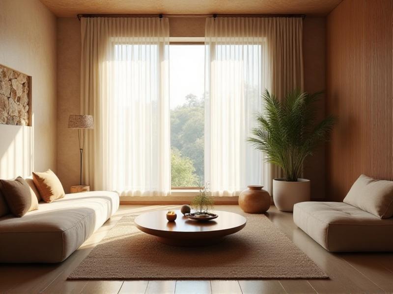 A serene living room designed with Feng Shui principles, featuring soft natural lighting, earthy tones, and minimalist furniture arranged to promote harmony and balance. The room includes a small indoor plant and a flowing water feature, creating a calming atmosphere.