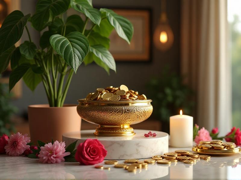 A well-decorated wealth corner in a home, featuring a wealth bowl filled with coins, a money plant, and symbols of abundance. The area is clean and organized, with a focus on attracting positive energy and financial prosperity. The decor is balanced and harmonious, creating a welcoming atmosphere.