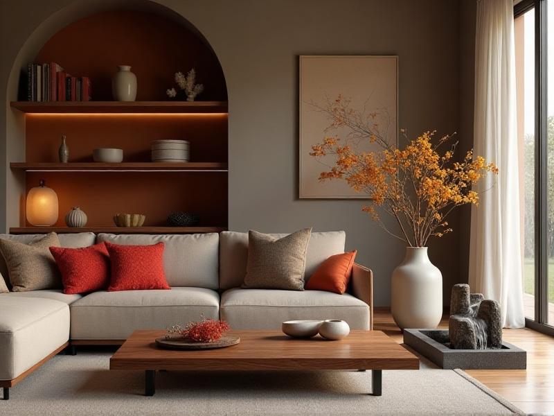 A beautifully balanced living room showcasing the five Feng Shui elements: a wooden coffee table, a red throw pillow, a ceramic vase, a metallic lamp, and a small water feature. The room is designed with a harmonious blend of colors, shapes, and textures, creating a serene and balanced atmosphere.