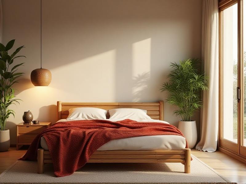 A cozy bedroom with a balanced mix of Feng Shui elements: a wooden bed frame, a red blanket symbolizing Fire, a ceramic lamp for Earth, a metallic clock, and a small water feature. The room feels peaceful, balanced, and full of positive energy.