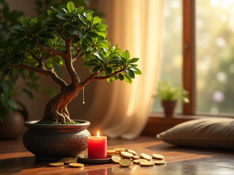 A serene arrangement of Feng Shui elements in a Wealth Corner, featuring a lush green money tree, a small indoor fountain with flowing water, a red candle, and a cluster of gold coins. The setting is bathed in warm, natural light, creating a harmonious and inviting atmosphere.