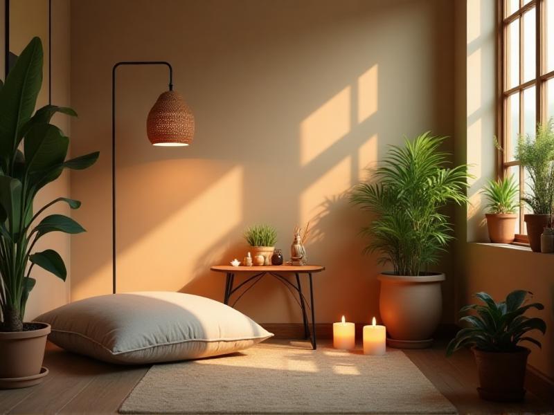 A serene meditation room with soft, warm lighting from a floor lamp and candles. The room is decorated with a comfortable cushion, a small altar, and a few plants, creating a tranquil and reflective environment.