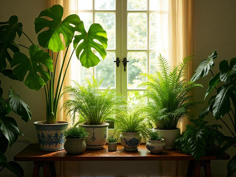 A collection of lush green plants arranged on a wooden shelf near a sunny window. The plants vary in size and shape, creating a vibrant and natural display. Sunlight filters through the leaves, casting soft shadows on the wall.