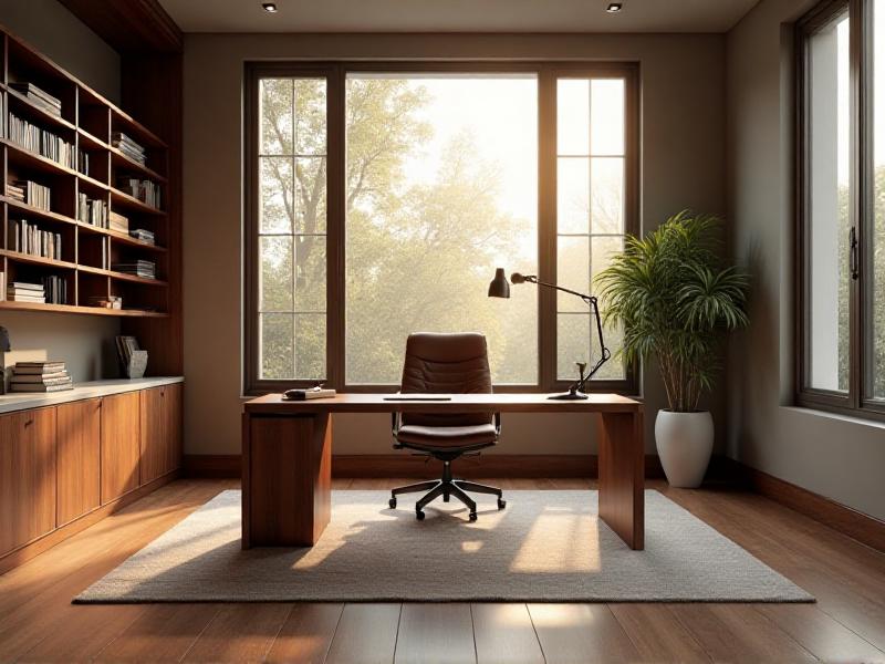 A spacious home office with an ergonomic chair, a sleek wooden desk, and a bookshelf neatly arranged, allowing for easy movement and a clutter-free environment.