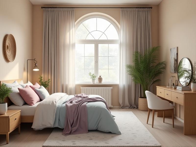 A peaceful bedroom with soft neutral tones, including beige walls, light gray bedding, and pastel accents, demonstrating the use of calming colors in Feng Shui.