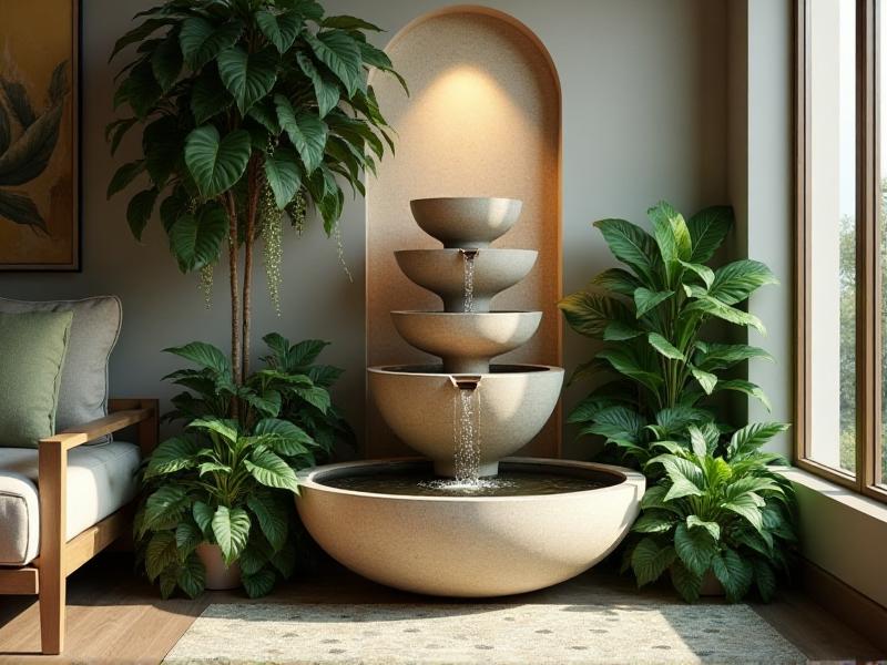 A small, elegant indoor fountain with gently flowing water, surrounded by smooth stones and lush green plants. The fountain is placed in a corner of a living room, creating a soothing and tranquil atmosphere.