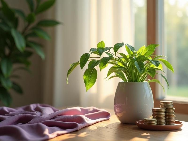 A serene corner of a home dedicated to the Wealth area of the Bagua Map. The space features a lush money plant in a ceramic pot, a small wealth vase filled with coins, and a purple silk cloth draped over a table. Soft natural light filters through the window, creating a peaceful and inviting atmosphere.