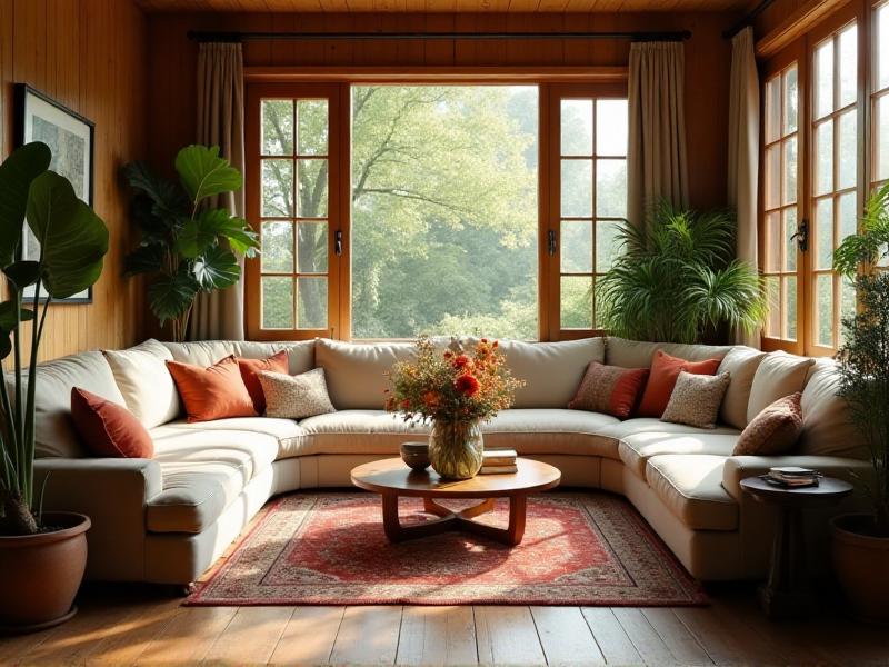 A cozy living room with a large, comfortable sofa arranged in a circular formation to encourage conversation. A soft area rug anchors the space, and a coffee table in the center holds a vase of fresh flowers. Large windows let in natural light, and a few potted plants add a touch of nature, creating a harmonious and joyful environment.