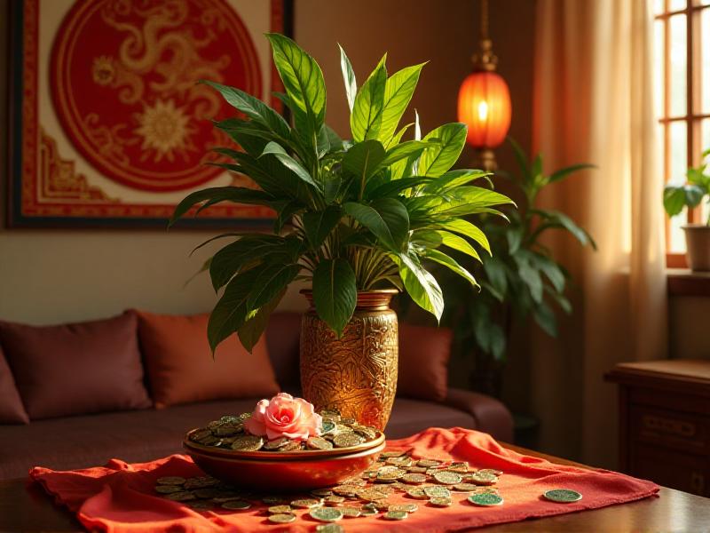 A vibrant wealth corner featuring a lush money plant, a decorative wealth vase, and a bowl of coins. The area is well-lit and adorned with symbols of abundance, creating an inviting and prosperous energy.