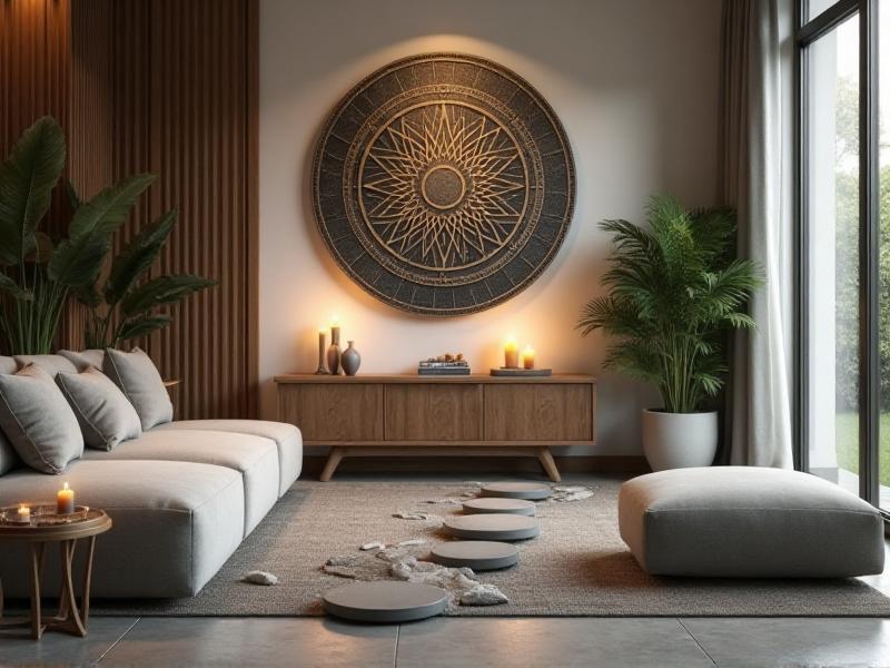 A harmonious living room that blends elements of Feng Shui and Vastu Shastra, featuring a water feature for wealth, a pair of candles for love, and a sacred geometry mandala on the wall. The room feels balanced and aligned, perfectly embodying the principles of both traditions for creating a harmonious living space.