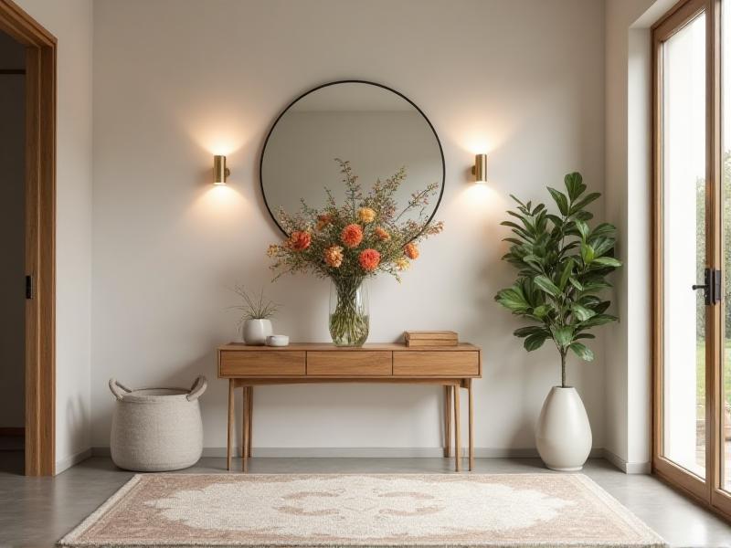 A welcoming entryway designed with Feng Shui principles, featuring a clean and open space with a small table holding a vase of fresh flowers, a mirror to reflect light and energy, and a soft rug to ground the space. The entryway is well-lit and free of clutter, creating a positive first impression for anyone entering the home.