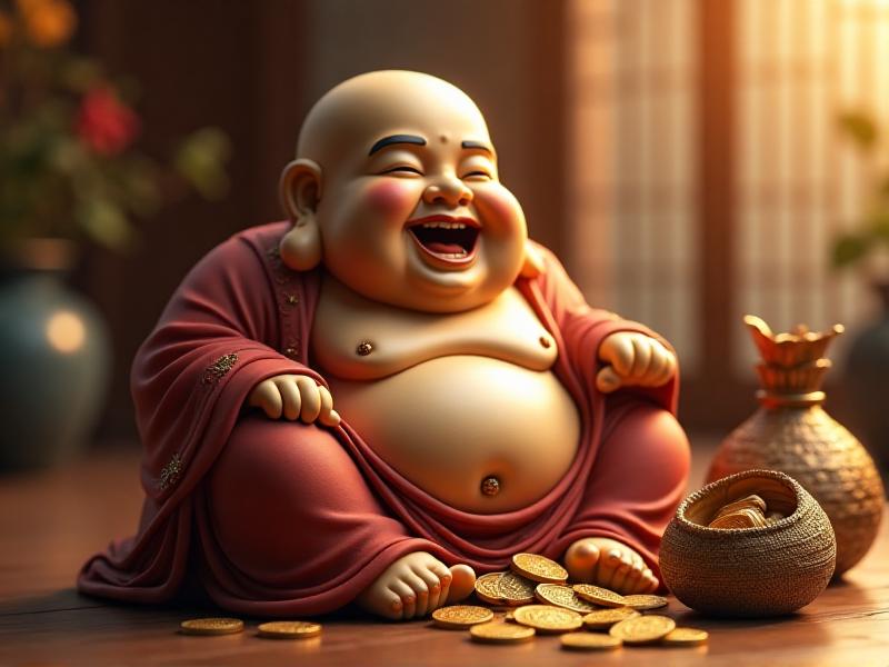 A cheerful Laughing Buddha statue with a wide smile and a large belly, sitting on a wooden pedestal. The statue is surrounded by gold coins and a small sack, symbolizing abundance and prosperity. The background is warm and inviting, with soft lighting that enhances the Buddha's joyful expression.