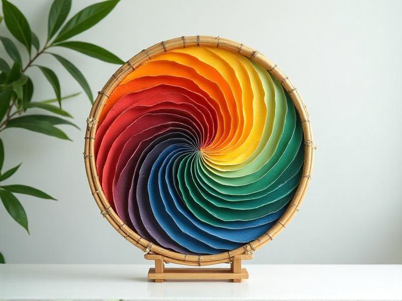 A vibrant Feng Shui color wheel featuring five elements: Wood (green), Fire (red), Earth (yellow), Metal (white), and Water (blue). The colors blend harmoniously, symbolizing balance and energy flow in a serene, minimalist setting.