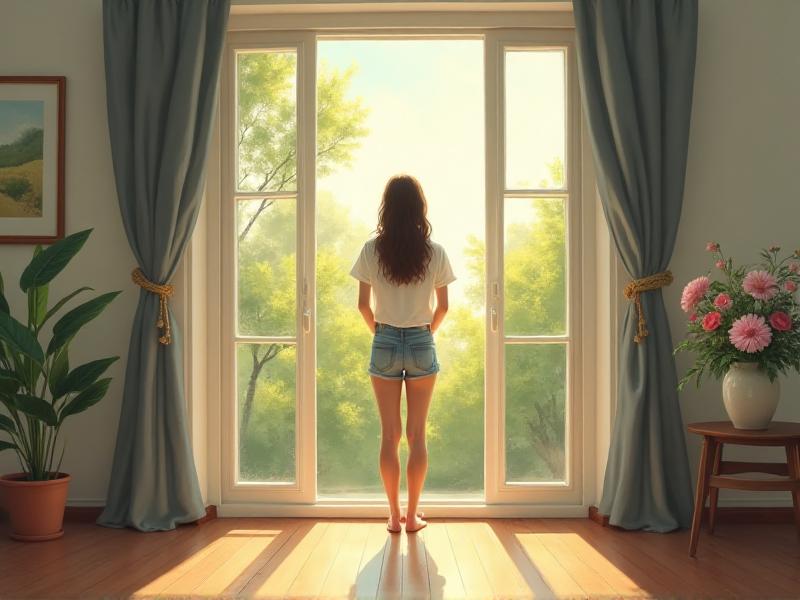 A person opening a window to let in fresh air, with sunlight streaming in and a gentle breeze moving the curtains. The room is clean and organized, with a few plants and a small vase of flowers on the table, creating a fresh and vibrant atmosphere.