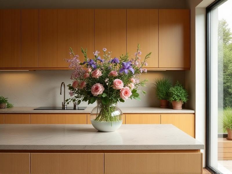 A modern kitchen with wooden cabinets, a stone countertop, and a small indoor herb garden on the windowsill. The room is bright and airy, with a glass vase filled with fresh flowers on the counter, adding a touch of nature to the space.