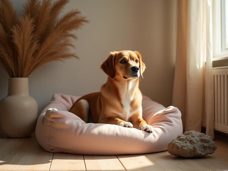 A cozy and comfortable corner of a home, featuring a soft, natural pet bed and a small rock. The area is quiet and free of clutter, allowing the flow of Chi to create a sense of security for the pet. The overall atmosphere is calm and harmonious, with a focus on the pet's well-being.