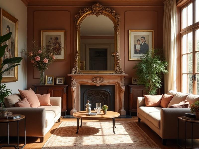 A beautifully decorated living room with a large mirror reflecting natural light, a crystal vase on a wooden shelf, and family photos displayed on the wall. The room feels warm, personal, and harmonious.