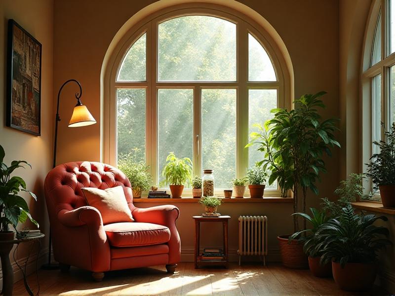 A cozy reading nook with a large window providing ample natural light, complemented by a floor lamp with a soft, warm glow. The space is adorned with a comfortable armchair, a small side table, and a few potted plants, creating a serene and inviting atmosphere.