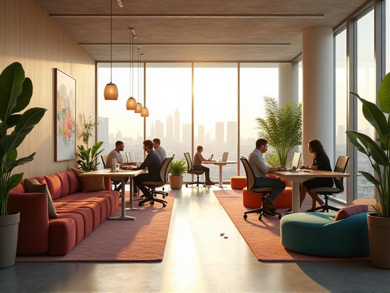 A modern office space with an open layout, ergonomic furniture, and plenty of natural light. The room is decorated with plants and artwork, creating a balanced and inspiring environment that promotes productivity and well-being.