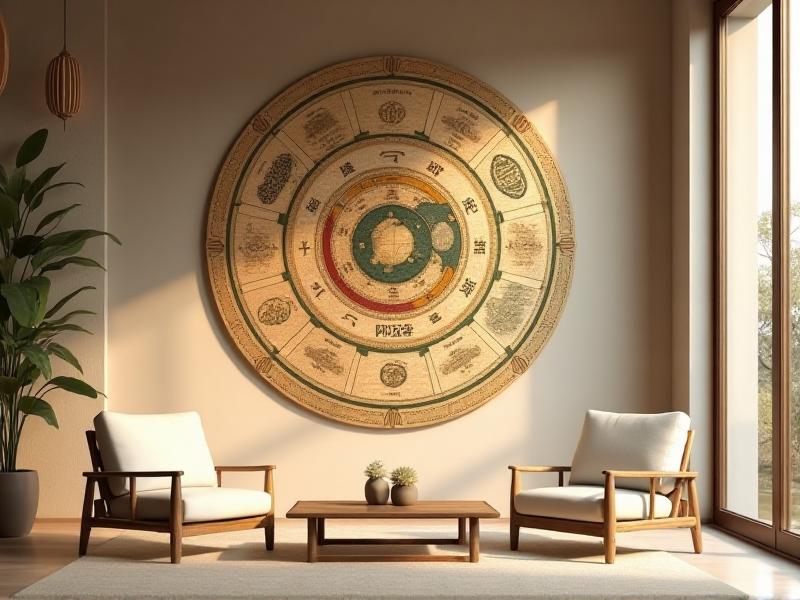 A detailed Bagua map showing the nine life areas, each labeled with its corresponding element and color, set against a serene background of a minimalist living room with natural light streaming through large windows.